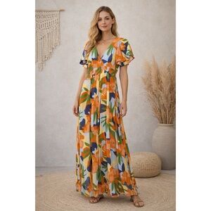 Abel the Label Printed Orange Floral Maxi Dress with Smocked Waist women’s XS